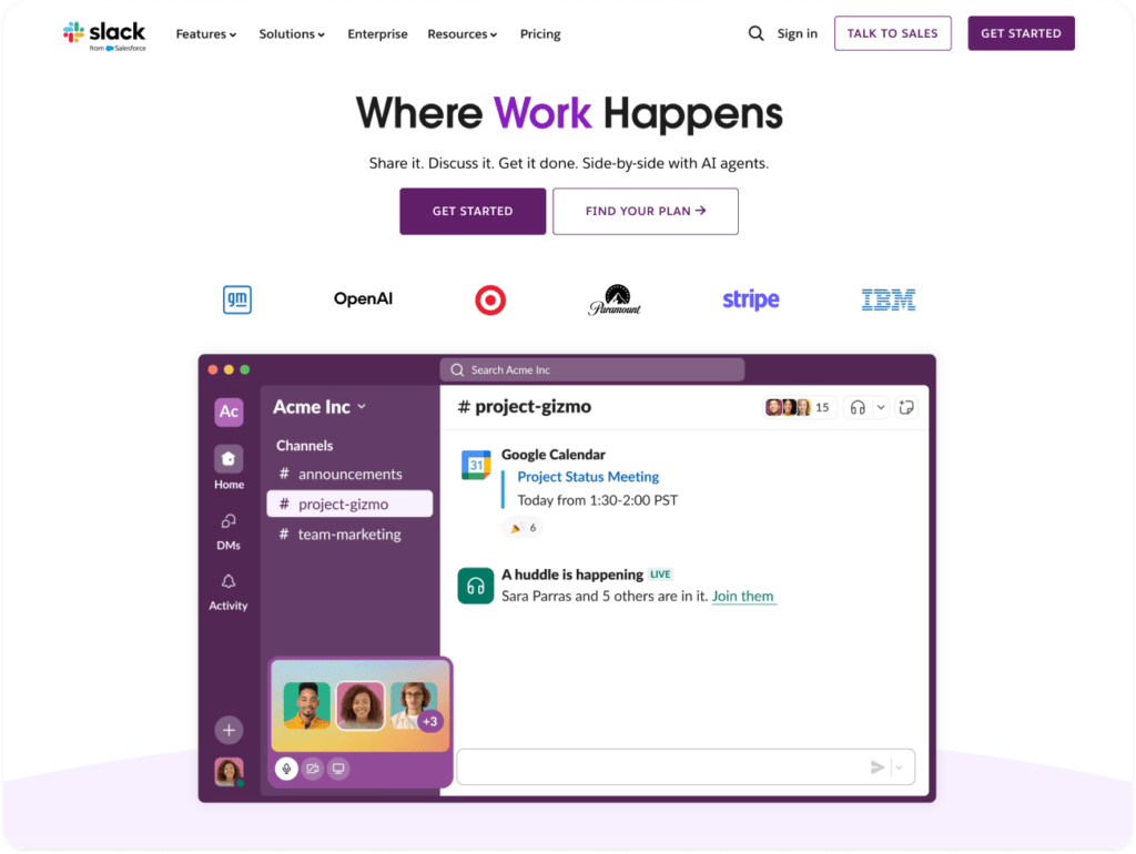 Платформа Slack для небольших и средних команд, где важна скорость реакции и удобство взаимодействия.