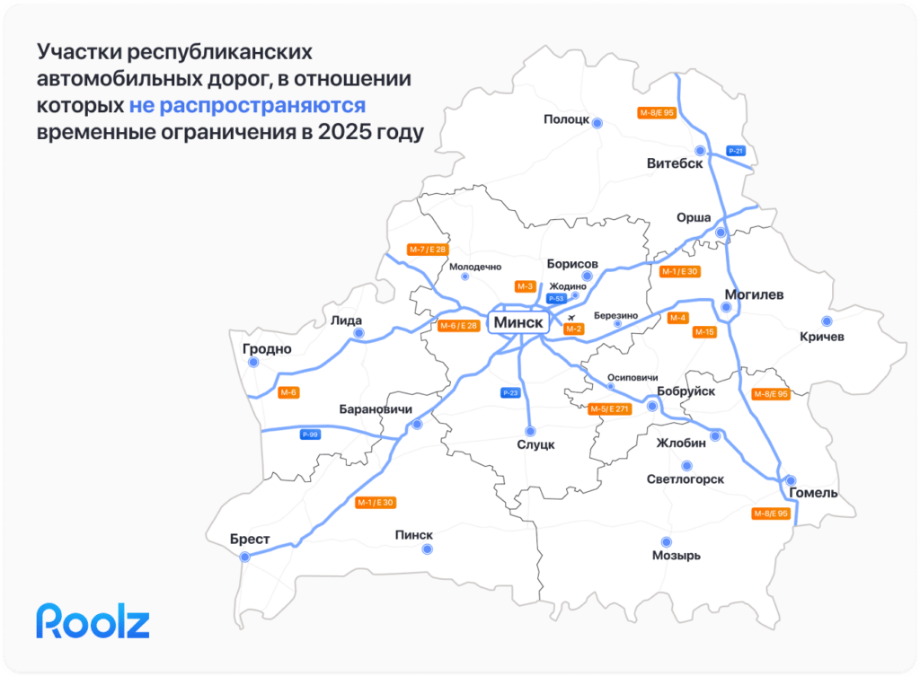 ПЕРЕЧЕНЬ республиканских автомобильных дорог общего пользования (их участков), в отношении которых не распространяются временные ограничения на ось 